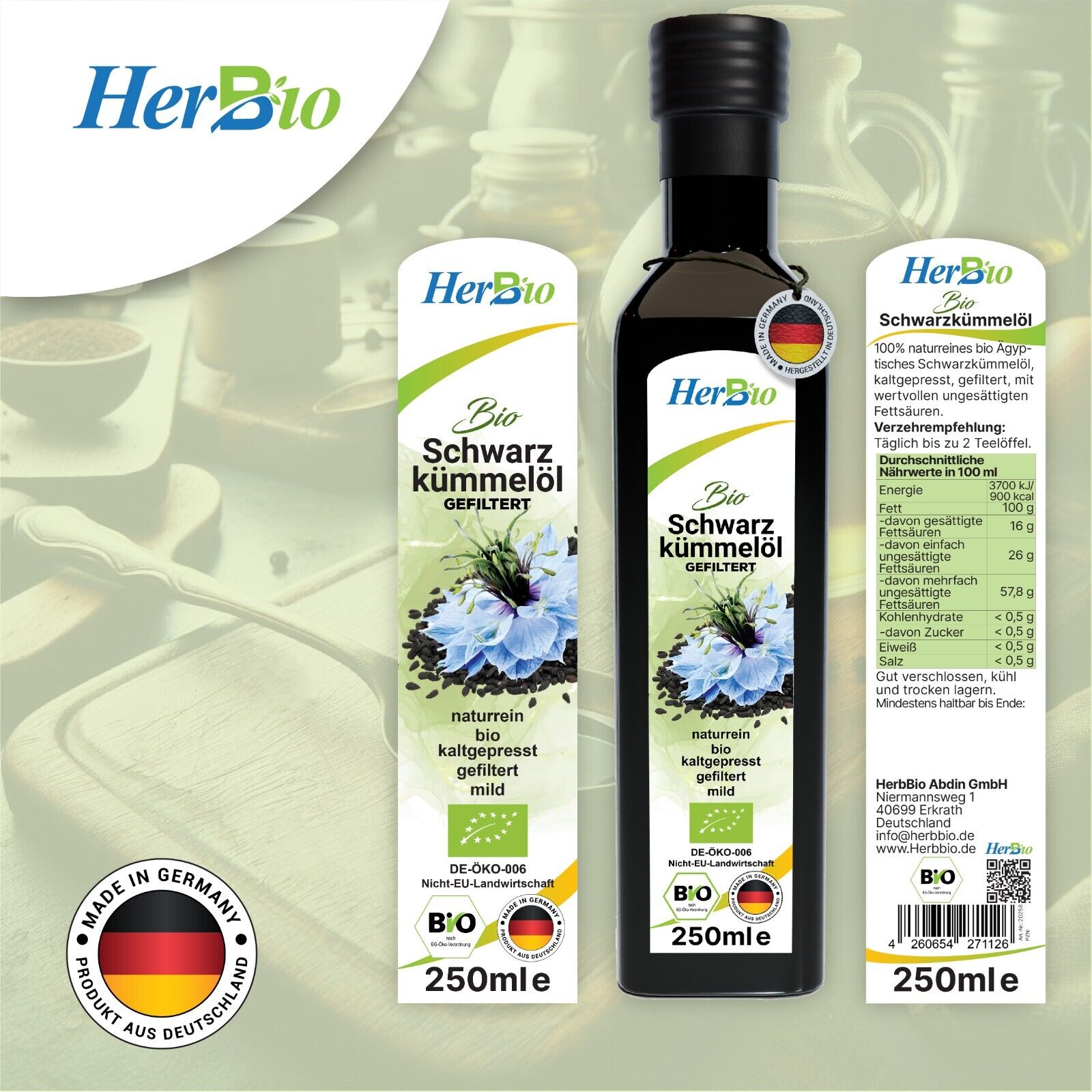 HerbBio Bio Schwarzkümmelöl kaltgepresst Gefiltert 250ml, reich an THYMOCHINON