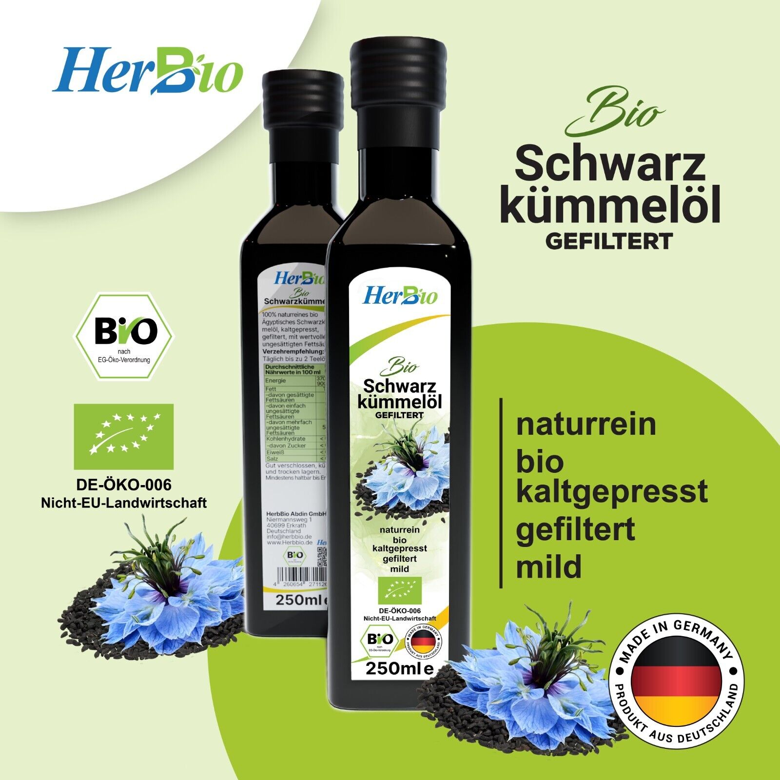 HerbBio Bio Schwarzkümmelöl kaltgepresst Gefiltert 250ml, reich an THYMOCHINON