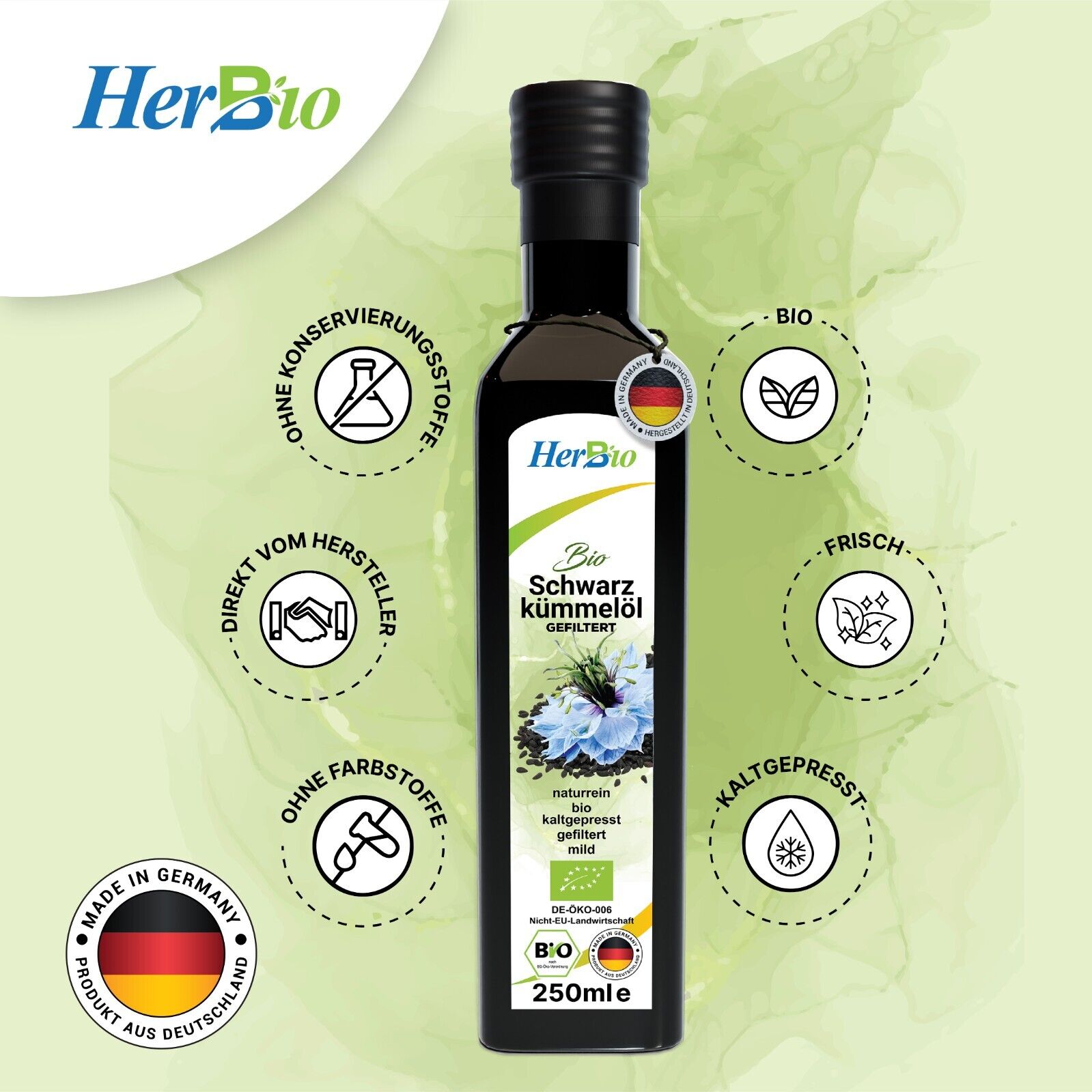 HerbBio Bio Schwarzkümmelöl kaltgepresst Gefiltert 250ml, reich an THYMOCHINON