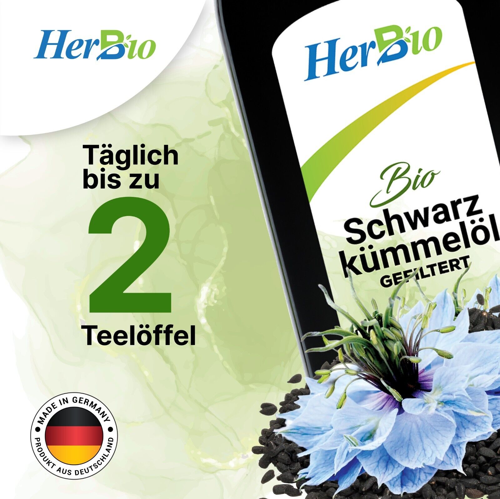 HerbBio Bio Schwarzkümmelöl kaltgepresst Gefiltert 250ml, reich an THYMOCHINON