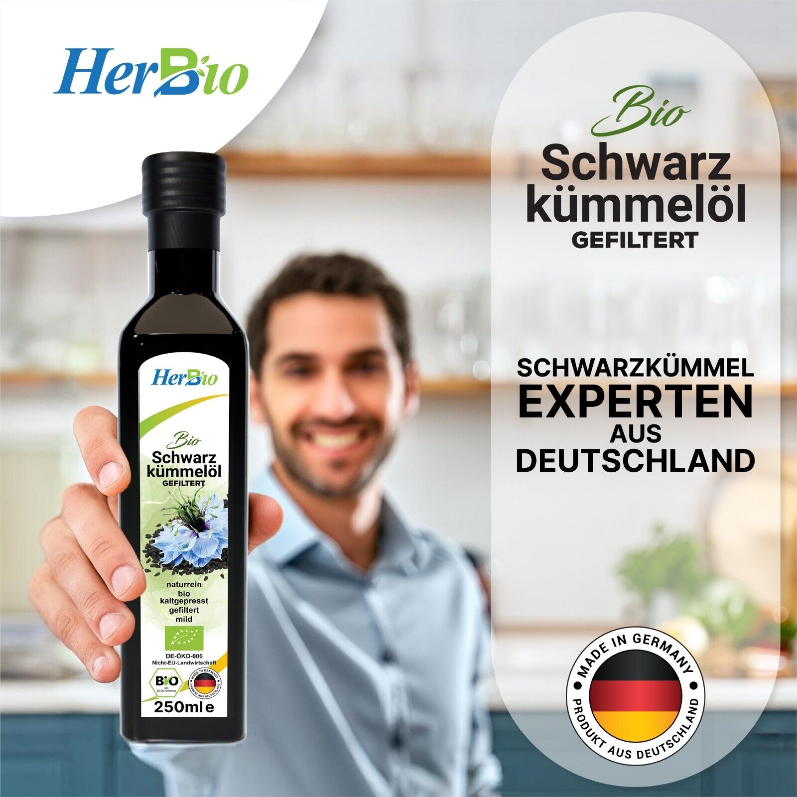 HerbBio Bio Schwarzkümmelöl kaltgepresst Gefiltert 250ml, reich an THYMOCHINON