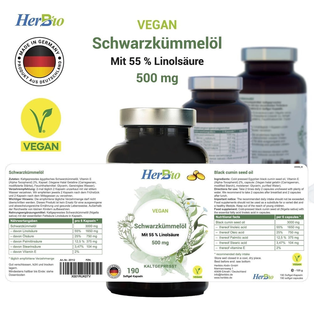Schwarzkümmelöl 500mg Vegan 190 Kapseln