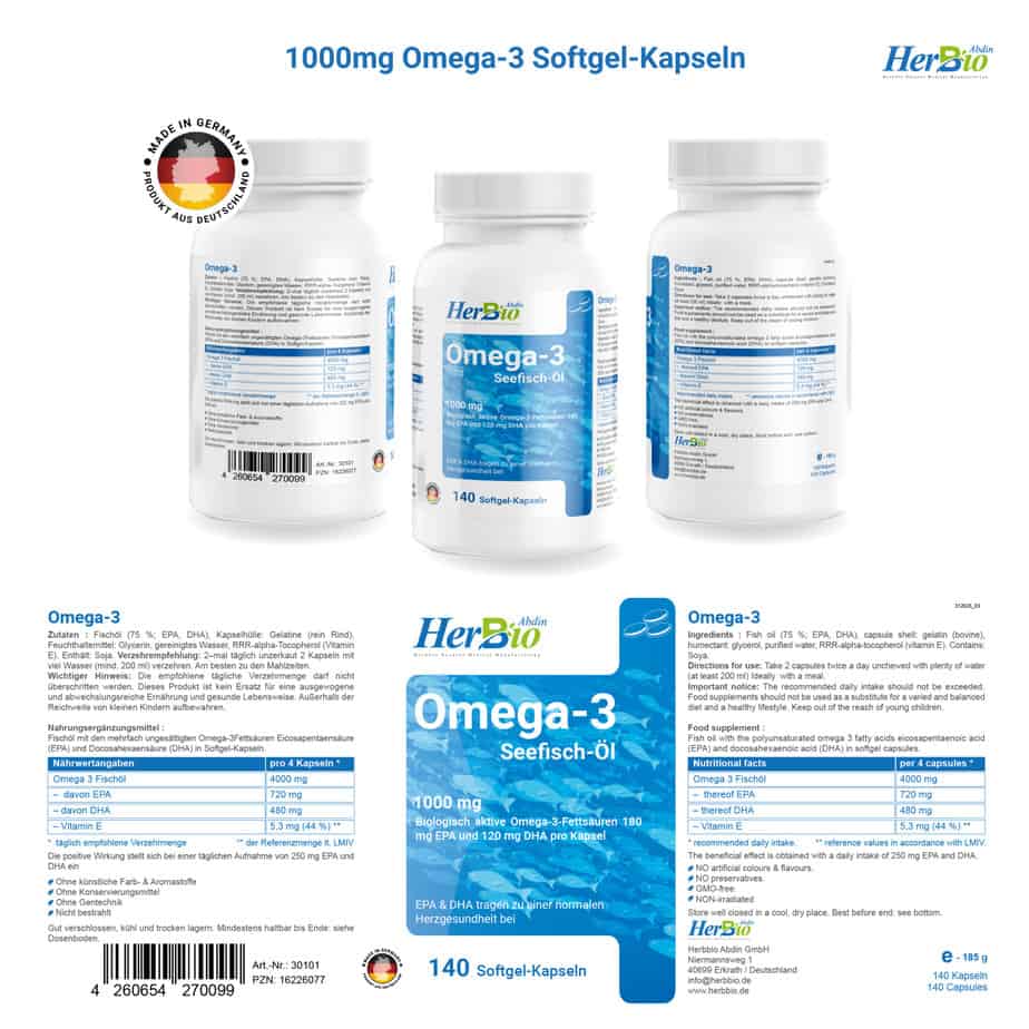 HerbBio Omega 3 Kapseln Hochdosiert - 140 Stück - 4000mg Fischöl pro Tagesdosis - 180mg EPA + 120mg DHA pro Kapsel - Laborgeprüft - Halal Zertifiziert - Made in Germany