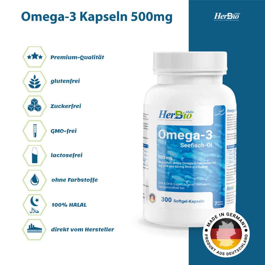 HerbBio Omega 3 Kapseln Hochdosiert - 300 Stück - 4000mg Fischöl pro Tagesdosis - 180mg EPA + 120mg DHA pro Kapsel - Laborgeprüft - Halal Zertifiziert - Made in Germany