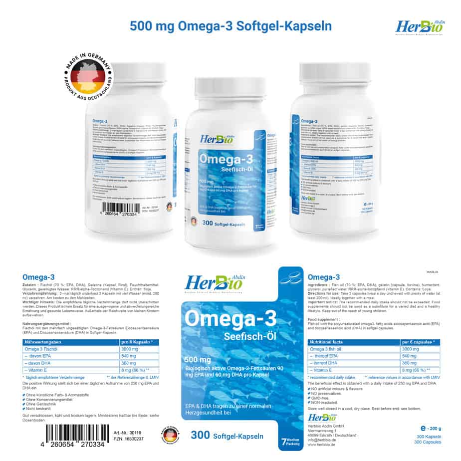 HerbBio Omega 3 Kapseln Hochdosiert - 300 Stück - 4000mg Fischöl pro Tagesdosis - 180mg EPA + 120mg DHA pro Kapsel - Laborgeprüft - Halal Zertifiziert - Made in Germany