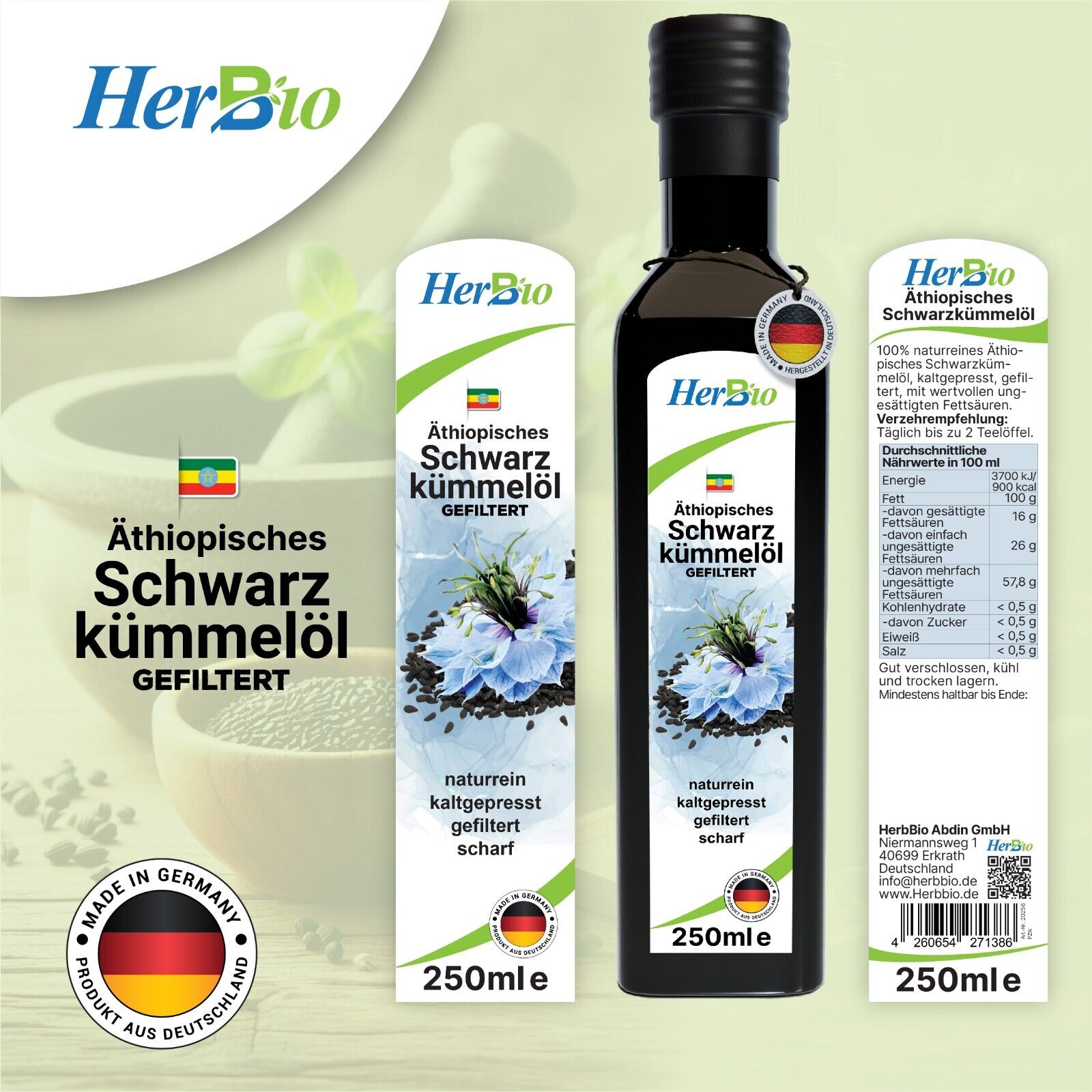 HerbBio Äthiopisches Schwarzkümmelöl gefiltert 250ml, reich an THYMOCHINON