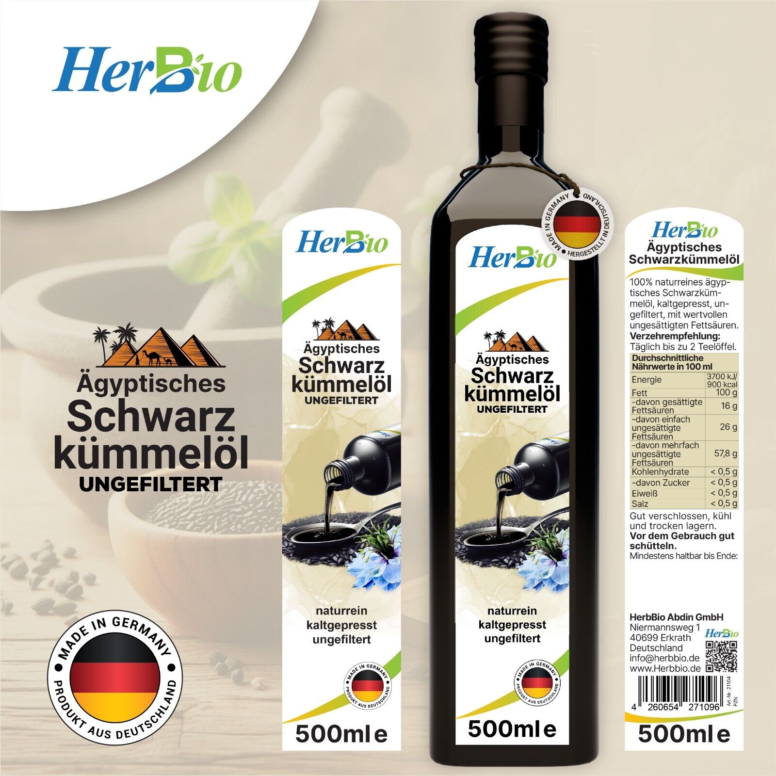 HerbBio ägyptisches Schwarzkümmelöl kaltgepresst Ungefiltert 500ml