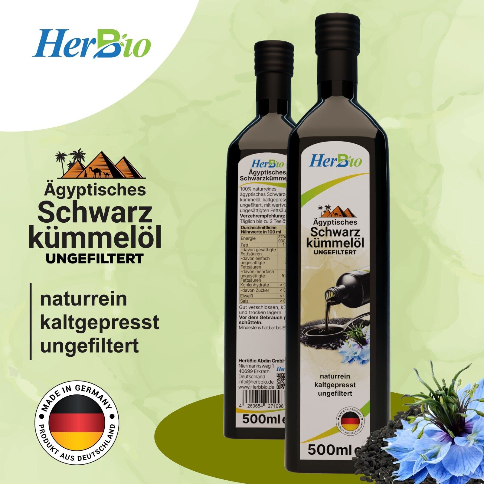 HerbBio ägyptisches Schwarzkümmelöl kaltgepresst Ungefiltert 500ml