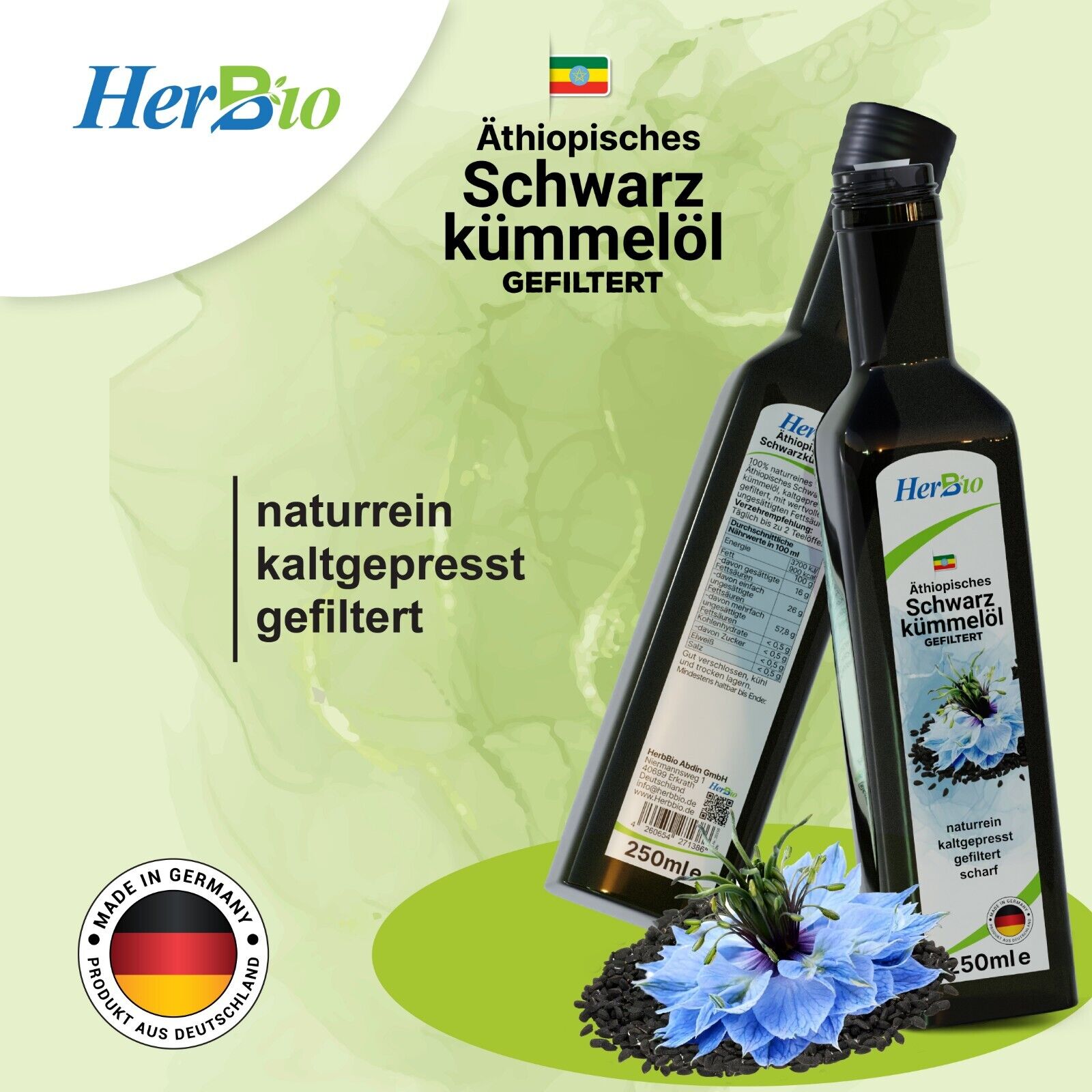 HerbBio Äthiopisches Schwarzkümmelöl gefiltert 250ml, reich an THYMOCHINON