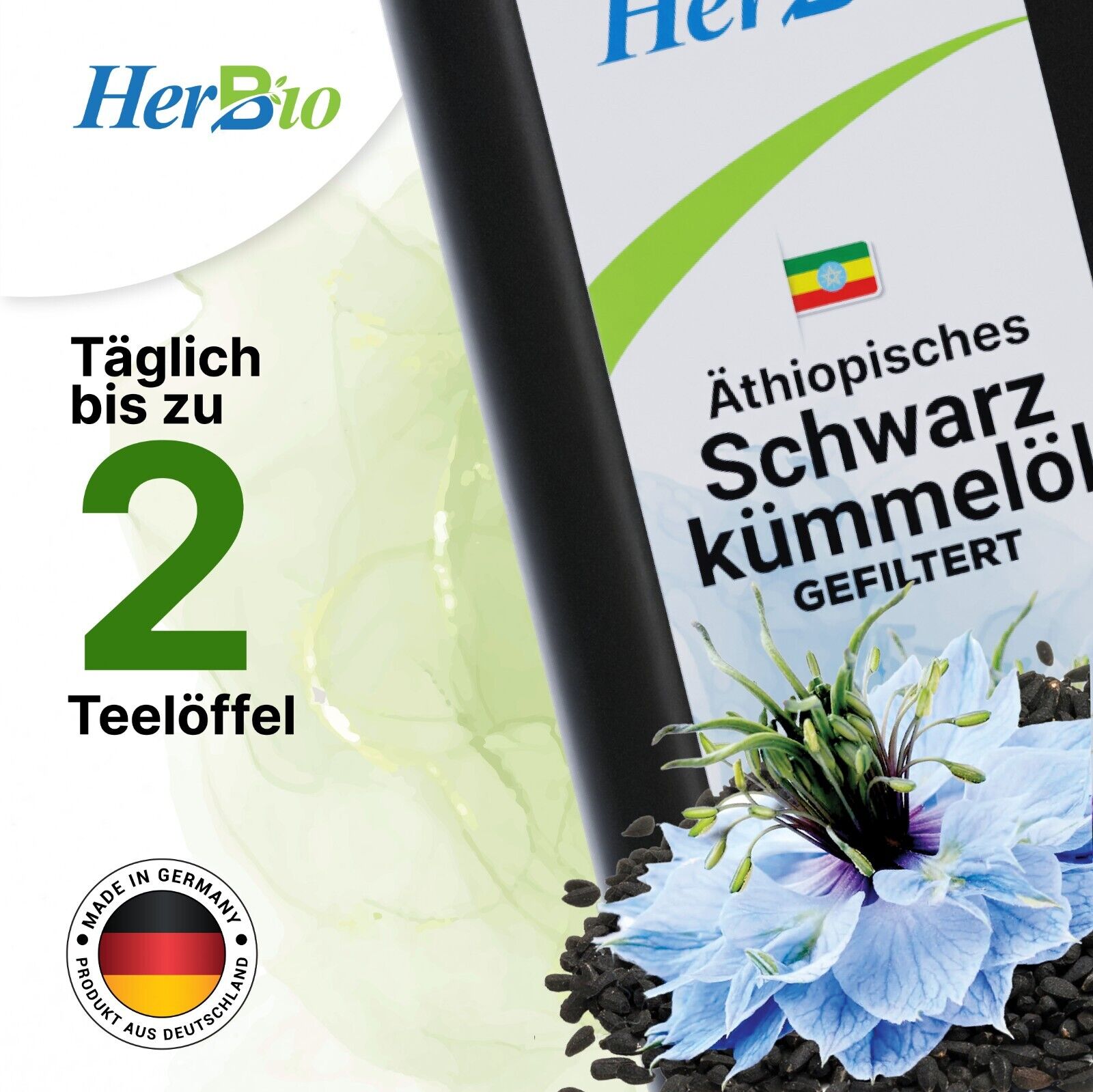 HerbBio Äthiopisches Schwarzkümmelöl gefiltert 250ml, reich an THYMOCHINON