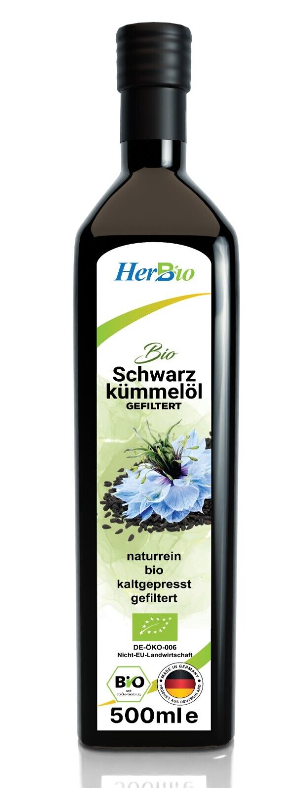 HerbBio Bio Schwarzkümmelöl kaltgepresst Gefiltert 500ml, reich an THYMOCHINON