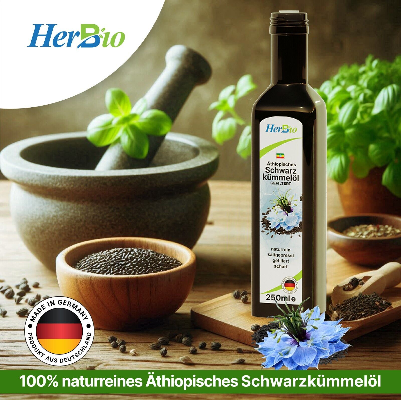 HerbBio Äthiopisches Schwarzkümmelöl gefiltert 250ml, reich an THYMOCHINON