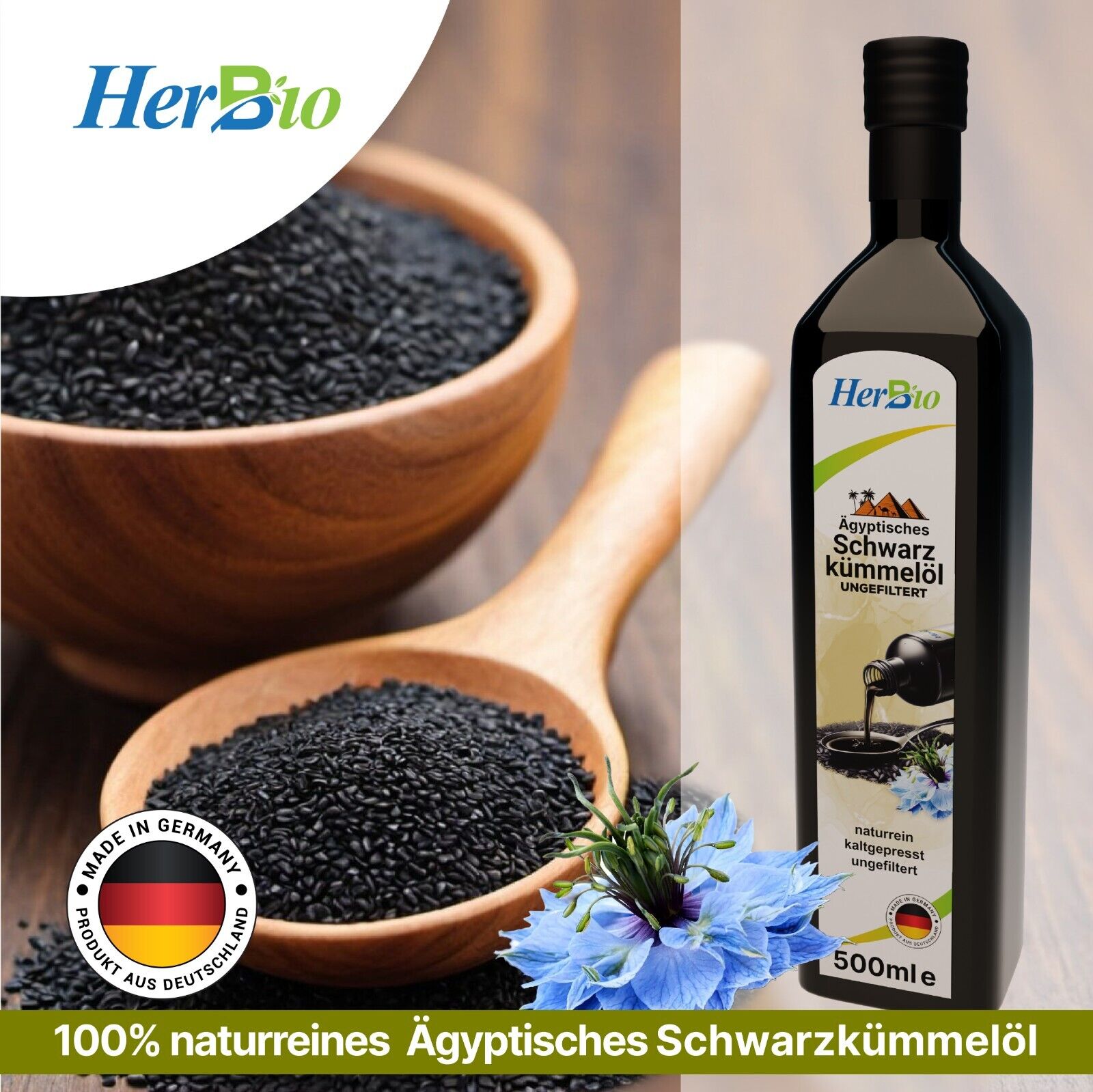 HerbBio ägyptisches Schwarzkümmelöl kaltgepresst Ungefiltert 500ml
