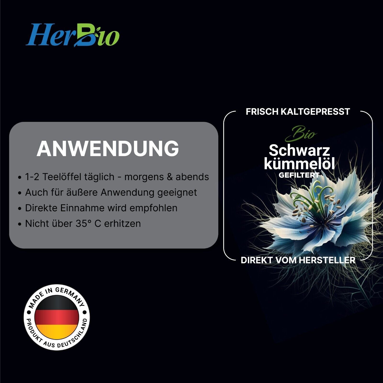 HerbBio Bio Schwarzkümmelöl kaltgepresst Gefiltert 250ml, reich an THYMOCHINON