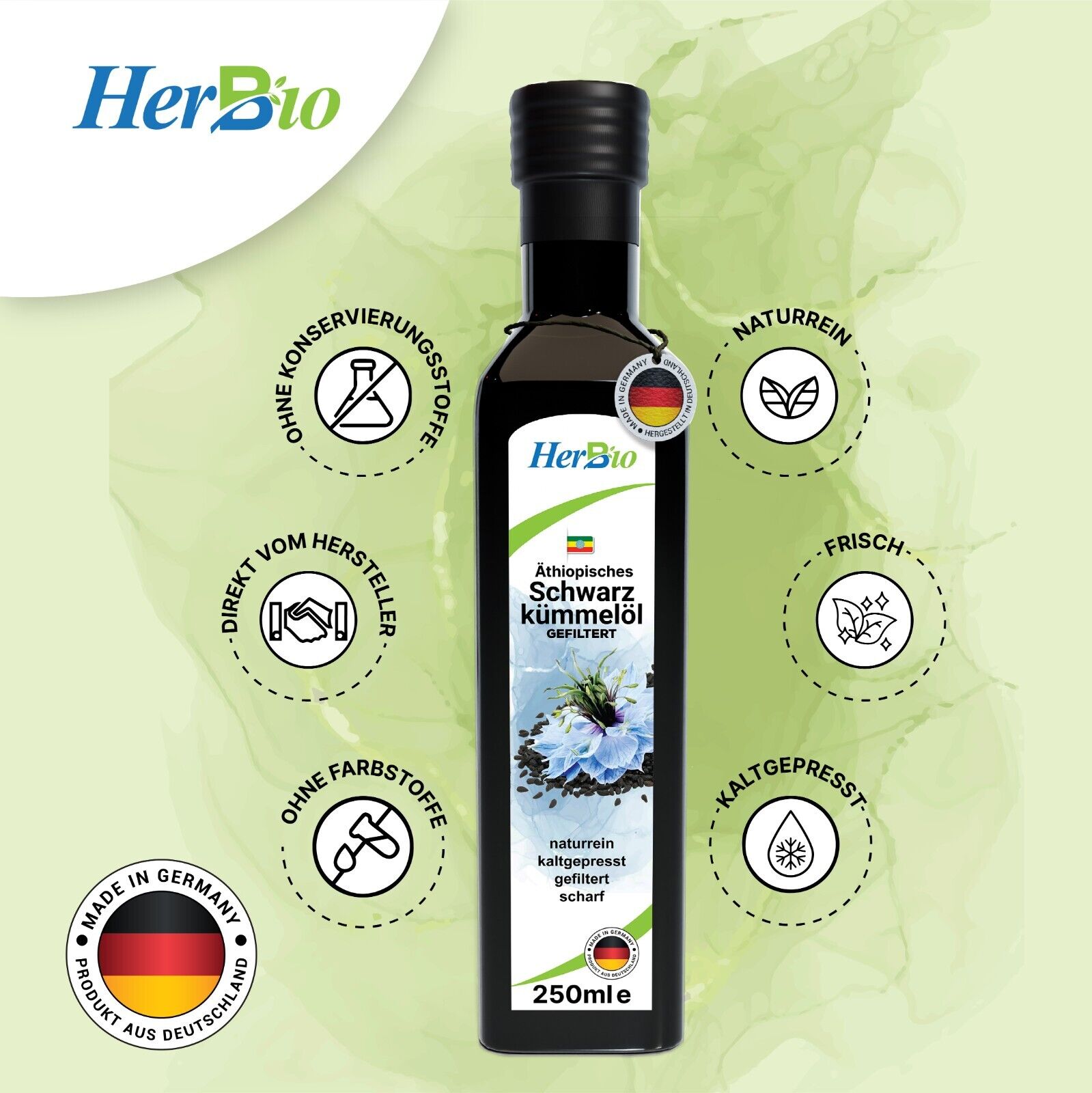 HerbBio Äthiopisches Schwarzkümmelöl gefiltert 250ml, reich an THYMOCHINON