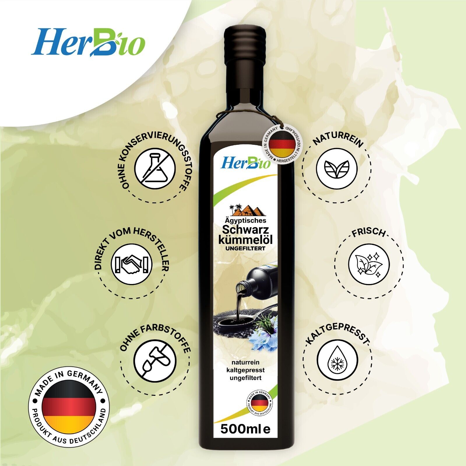 HerbBio ägyptisches Schwarzkümmelöl kaltgepresst Ungefiltert 500ml
