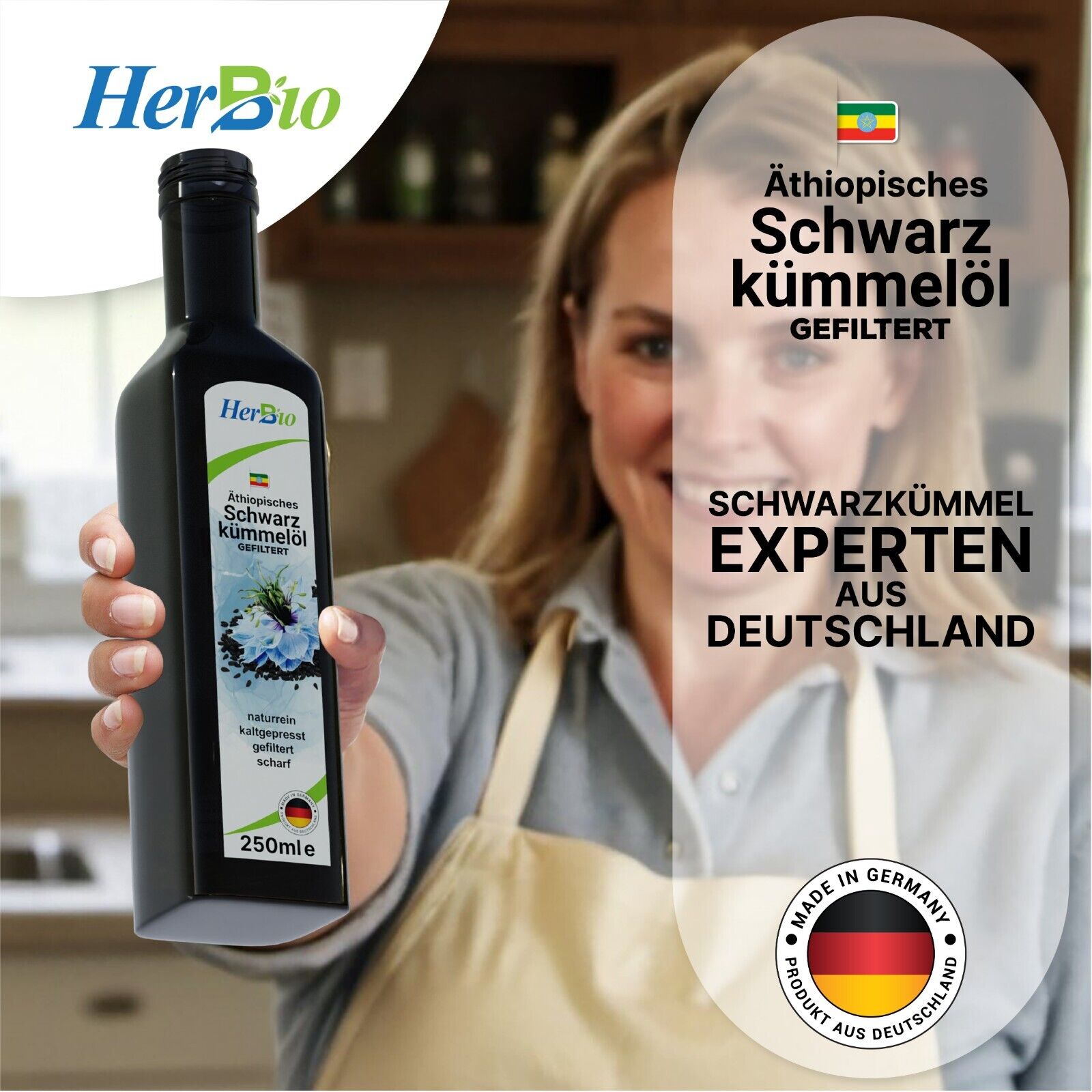 HerbBio Äthiopisches Schwarzkümmelöl gefiltert 250ml, reich an THYMOCHINON