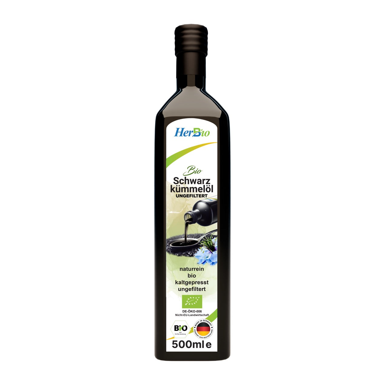 HerbBio Bio Schwarzkümmelöl kaltgepresst Gefiltert 500ml, reich an THYMOCHINON