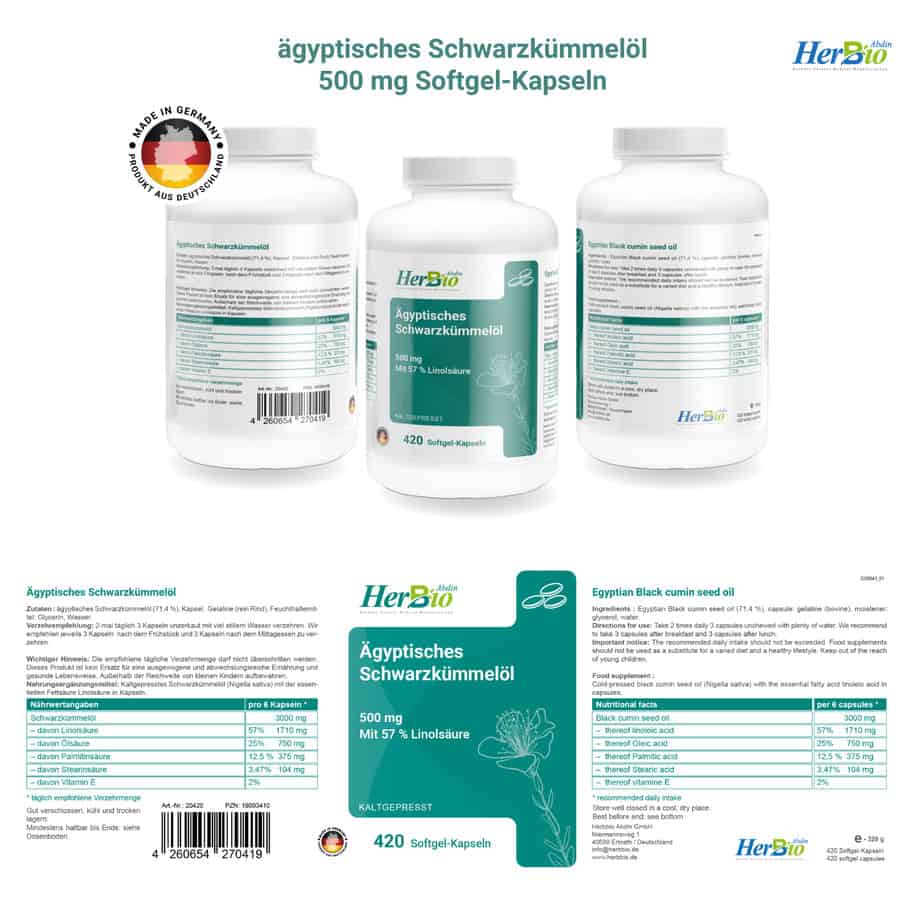 Schwarzkümmelöl Kapseln, 1000mg pro Portion, Kaltgepresst Ägyptisch, 420 Kapseln