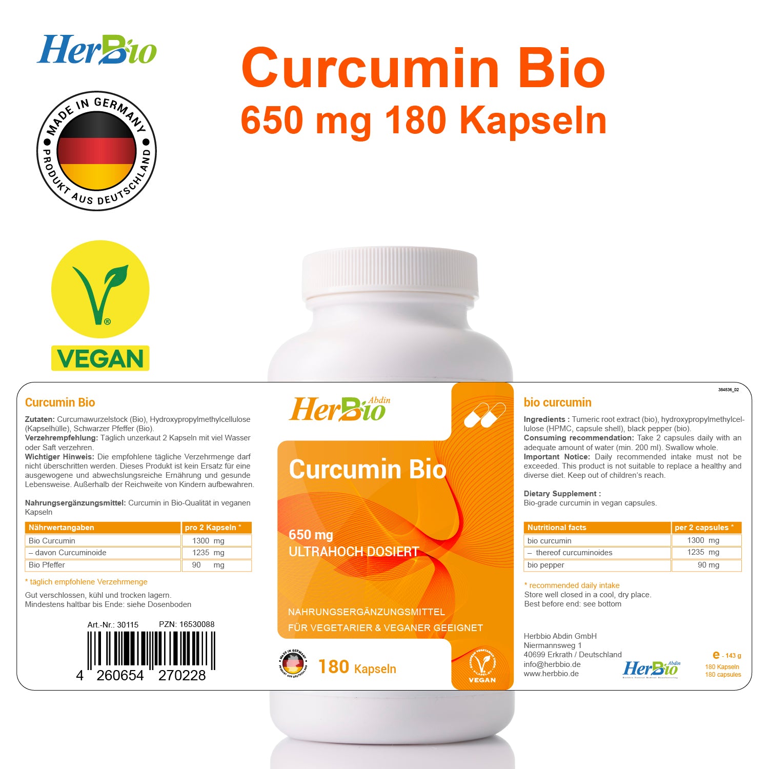 Bio Curcumin Kapseln HOCHDOSIERT 2000mg - 180 Vegane Kapseln mit 95% Curcuminoiden & BioPerine - 3 Monate Vorrat - Laborgeprüft & Bio-zertifiziert