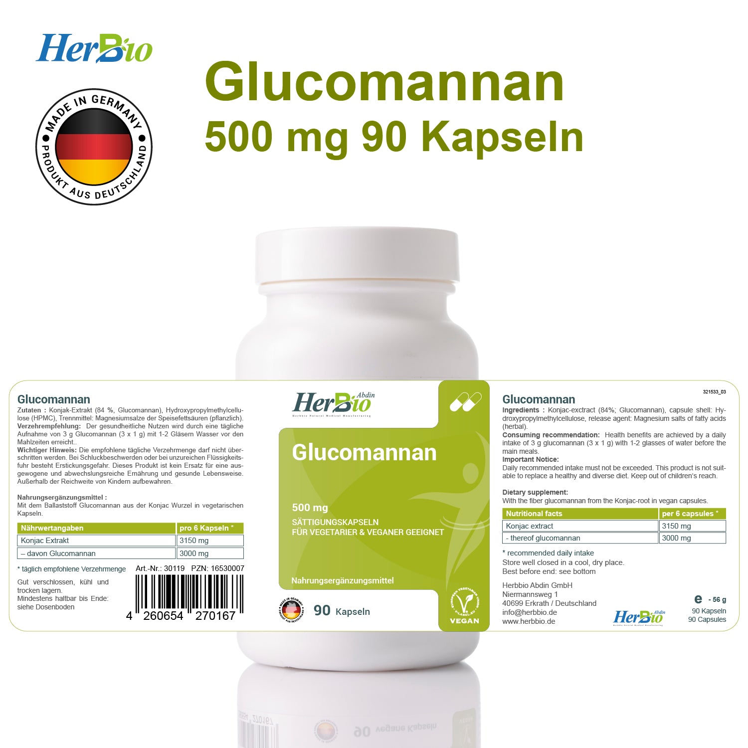 Glucomannan HOCHDOSIERT 1000mg - 90 Vegane Sättigungskapseln - 84% Glucomannan aus Konjac-Wurzel - 3 Monate Vorrat - Made in German