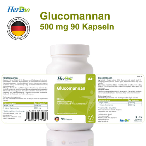 Glucomannan HOCHDOSIERT 1000mg - 90 Vegane Sättigungskapseln - 84% Glucomannan aus Konjac-Wurzel - 3 Monate Vorrat - Made in German