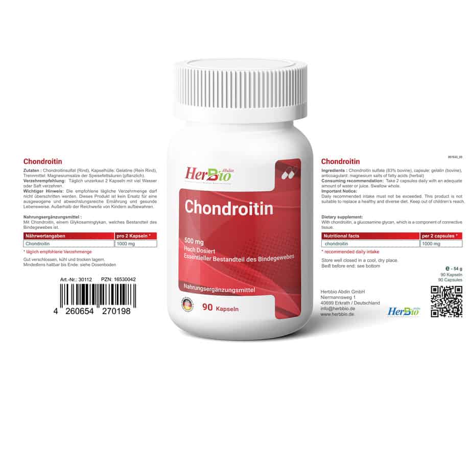 Chondroitin 90 Kapseln je 500mg - Chondroitin hochdosiert - Laborgeprüft - Ohne unerwünschte Zusätze