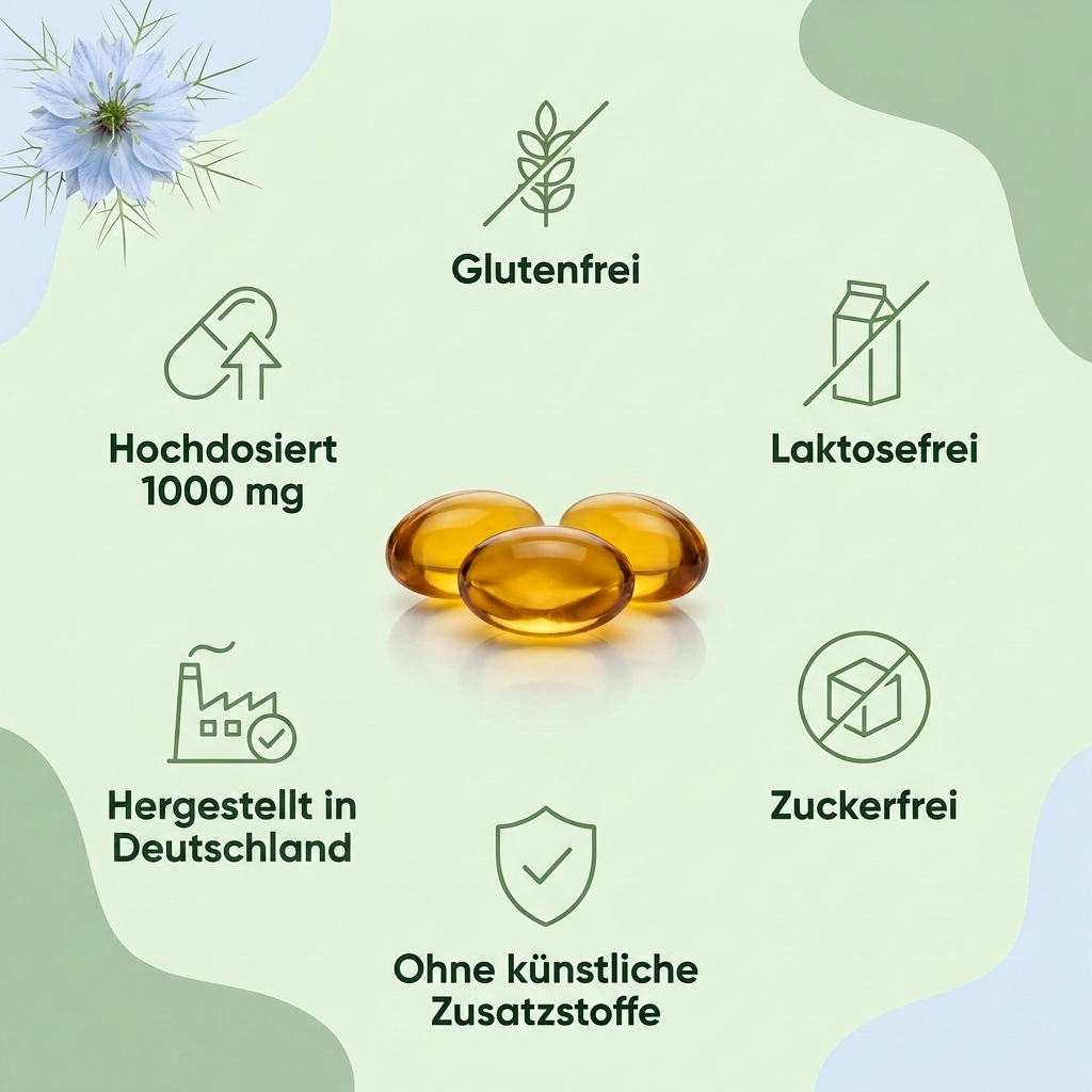 Schwarzkümmel Kapseln 1000mg – glutenfrei, laktosefrei, zuckerfrei, ohne künstliche Zusatzstoffe, hochdosiert, hergestellt in Deutschland