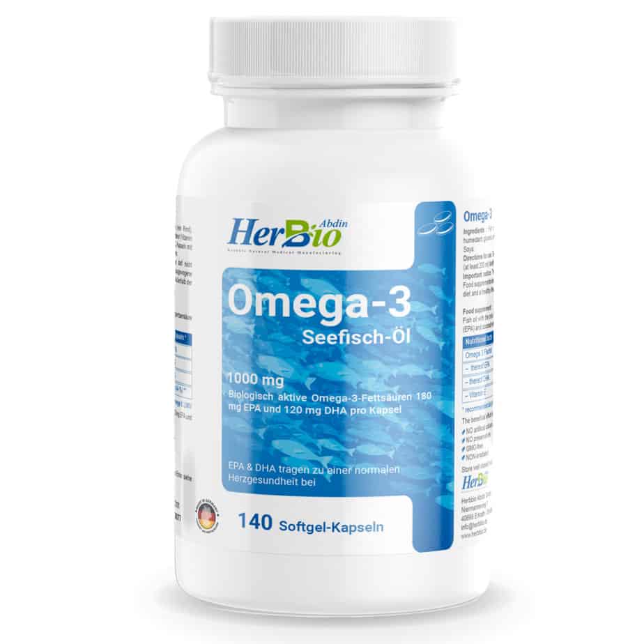 HerbBio Omega 3 Kapseln Hochdosiert - 140 Stück - 4000mg Fischöl pro Tagesdosis - 180mg EPA + 120mg DHA pro Kapsel - Laborgeprüft - Halal Zertifiziert - Made in Germany