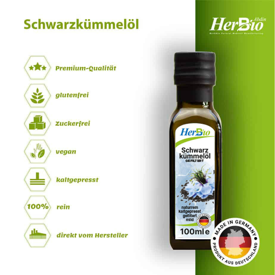 Schwarzkümmelöl kaltgepresst, gefiltert, 100ml – 100% rein - Deutsche Produktion